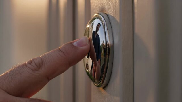 Finger Pressing Chrome Doorbell with Man Reflection at Golden Hour