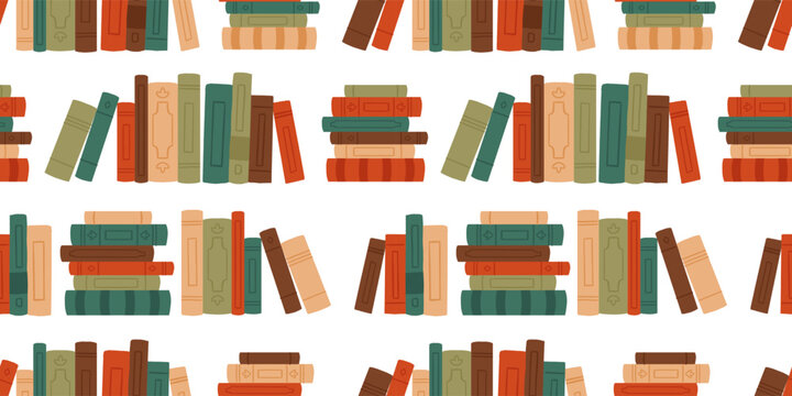 Seamless pattern with vintage book spines and stacks. Hand drawn vector illustration of colorful library books on white background. Bookshelf, reading, education concept.