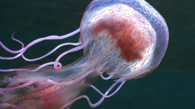Camera passing beneath a purple jellyfish to focus on a small fish companion