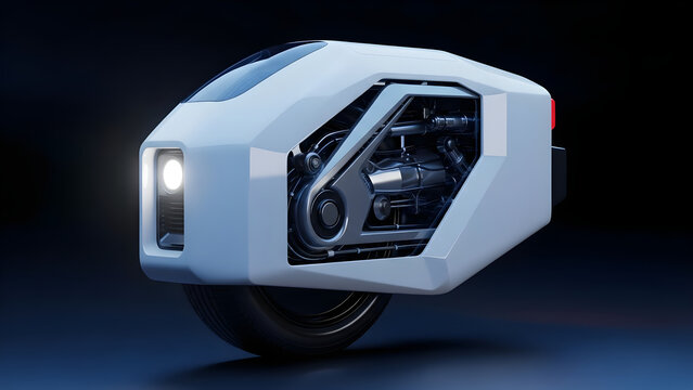 A futuristic electric motorcycle showcases its sleek design and exposed mechanical components in a dark studio setting with a single headlight on.