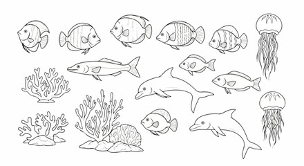 Obraz premium Marine life illustration featuring tropical fish, dolphins, jellyfish, and coral reefs in clean line art vector style. Underwater scene with diverse sea creatures for educational or decorative use.
