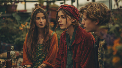 Fototapeta premium Three young people in a greenhouse