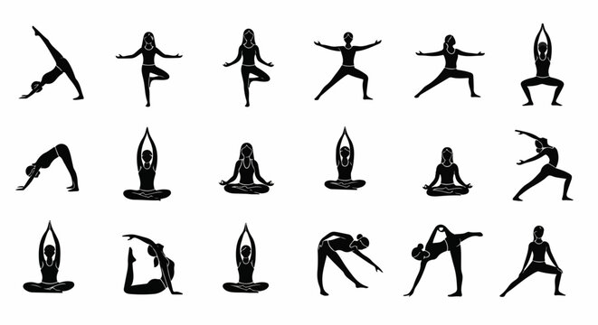 Minimalist black and white yoga poses vector illustration for fitness app or wellness guide. Dynamic yoga sequence in side view. Vector style icons for exercise tutorials.