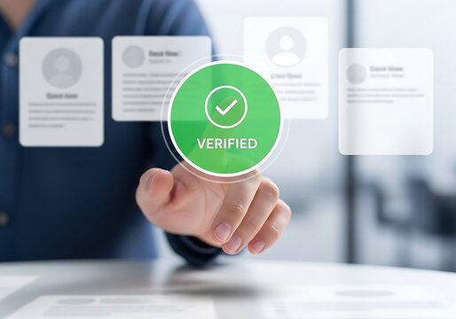 Verified green checkmark on hand with ID cards in background blurred office