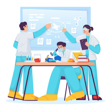 Group of Research Team Recording and Analyzing Laboratory Test Results Vector Illustration