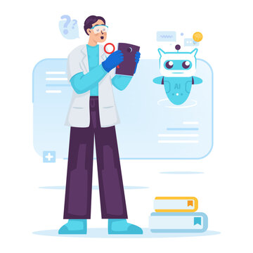 Scientist Communicating with AI Robot for Online Research Vector Illustration