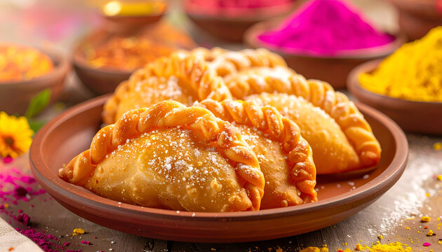 A close-up showcases golden-brown gujiya pastries dusted with powdered sugar, artfully arranged on a rustic ceramic plate amidst vibrant bowls of colorful Holi powder.