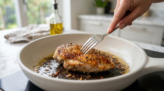 Golden brown chicken breast being tested for doneness with a fork in a frying pan