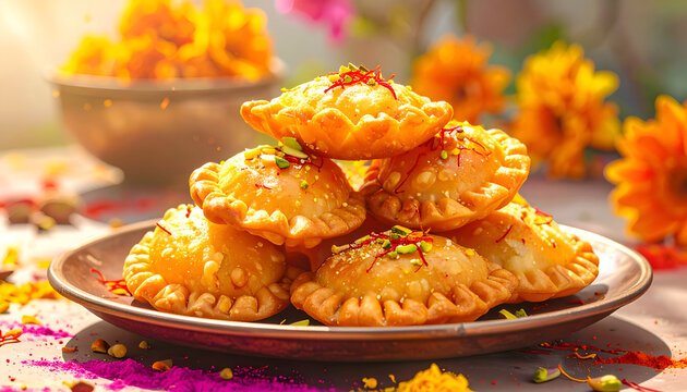 A vibrant stack of golden-brown gulab jamun pastries sits elegantly on a plate, surrounded by colorful flower petals and a warm, inviting light.