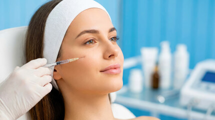 Naklejka premium Young Woman Receiving Cosmetic Facial Injection in Beauty Clinic