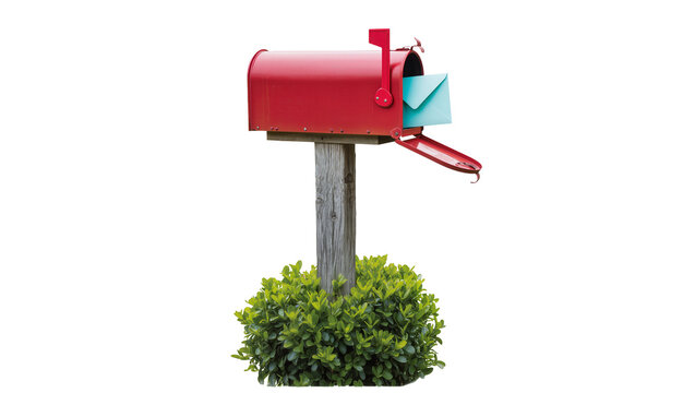 Red metal mailbox with envelope and green shrubbery at base