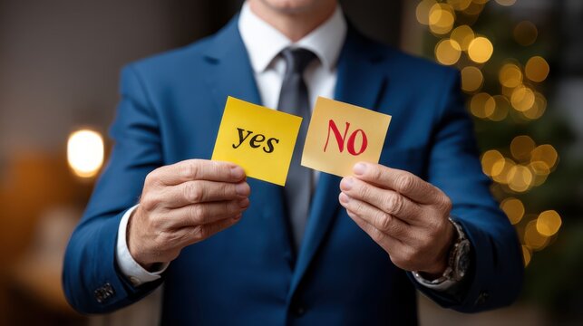 A man in a suit holds yellow cards with "yes" and "no" written on them, symbolizing decision-making or choice.