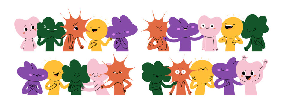 Funny characters with different emotions set. Happy, positive and angry, sad, negative face expressions. Good and bad feelings, moods. Colored flat vector illustrations isolated on white background
