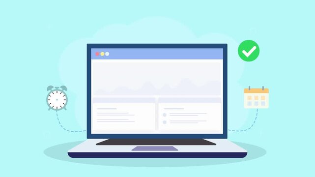 Animated laptop displaying scheduling dashboard with calendar, task approval checkmark, and workflow automation elements in clean flat design on teal background.