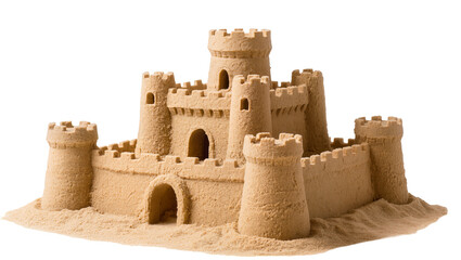 Detailed sandy castle structure with towers and arched entrances © Corman