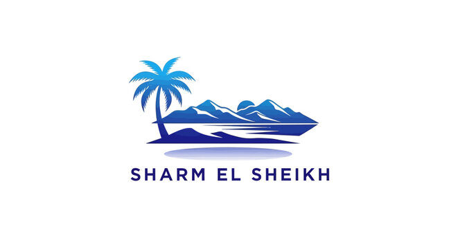 Sharm El Sheikh Logo Depicting Palm Tree, Mountains, and Water.
