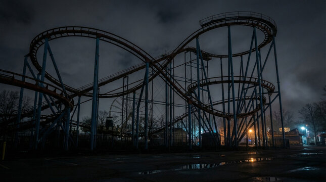 Empty roller coaster under cloudy night sky with illuminated background  
