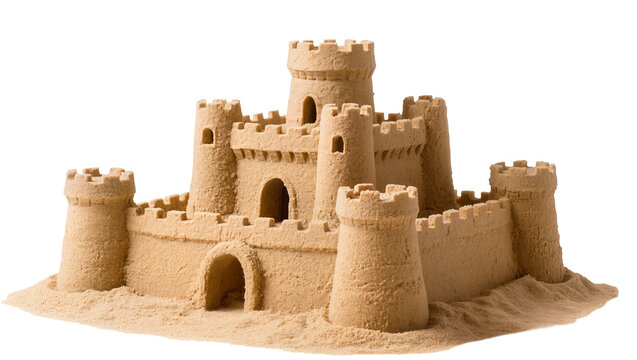 Detailed sandy castle structure with towers and arched entrances