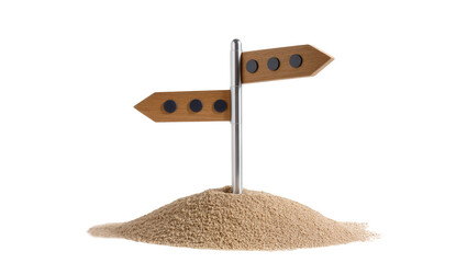 Miniature wooden signpost with blue spheres atop sand mound © Corman