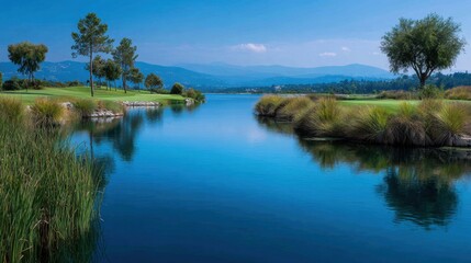 Fototapeta premium Scenic Golf Course Landscape with Serene Lake, Lush Greenery, and Majestic Mountains in the Background