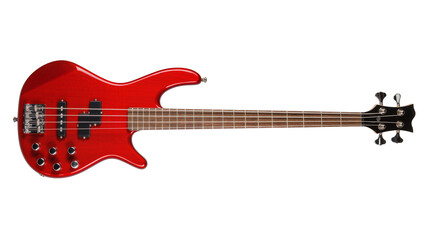 Bright red four-string electric bass guitar with black headstock and tuning pegs © Corman
