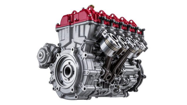 Robust Silver Internal Combustion Engine with Red Valve Covers