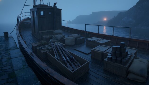 Old wooden IRA smuggled weapons boat docked at a misty coastal pier at dawn for a historical arms trafficking and Irish rebellion concept with cinematic moody atmosphere