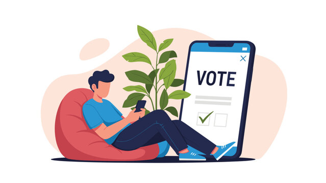 Young person sitting on a red beanbag chair using a smartphone application for casting an electronic vote online.