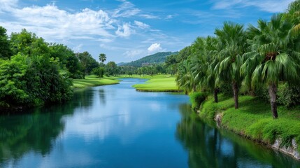 Obraz premium Serene Golf Course Landscape with Lush Greenery and Reflection in Calm Water Under Clear Blue Sky