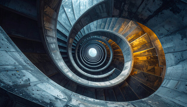 A brutalist concrete spiral staircase viewed from a low-angle worm's-eye perspective