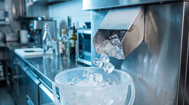 Ice machine dispensing ice cubes into clear plastic bucket in kitchen  