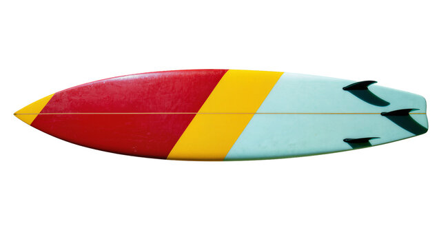 Sleek colorful stand-up paddleboard with three fins on surface