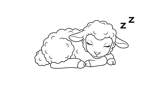 Simple black and white line drawing of a cute lamb sleeping peacefully on a white background with sleep symbols.
