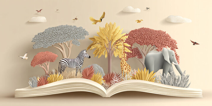 Safari animals emerging from open book, featuring zebra, giraffe, and elephant in paper craft style Magical storytelling concept with tropical trees and birds in a whimsical, creative 3D paper art sce