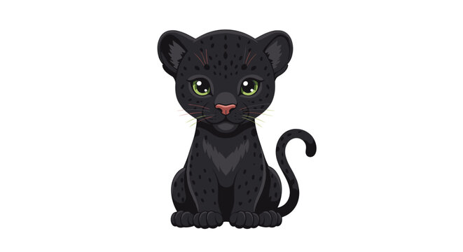 Cute black panther cub sitting and looking forward with bright green eyes in a clean flat vector illustration style.