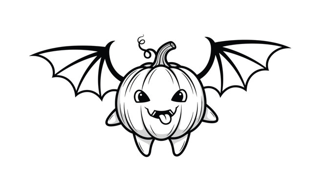 Spooky halloween pumpkin character with bat wings and a playful expression is presented in a monochrome line art style.