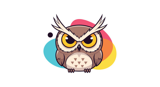 Grumpy cartoon owl with large yellow eyes and thick eyebrows sits against a colorful background of abstract shapes.