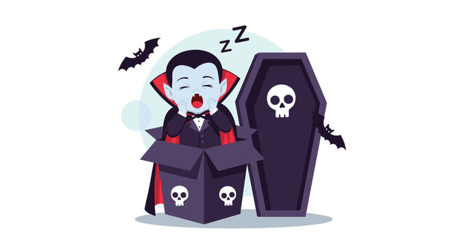 Playful vampire boy in a red and black cape wakes up with a yawn from his coffin shaped box surrounded by small bats.
