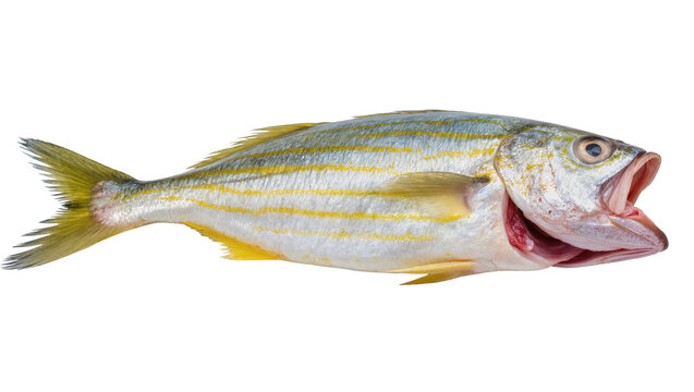 Yellow striped Asian threadfin fish with open mouth
