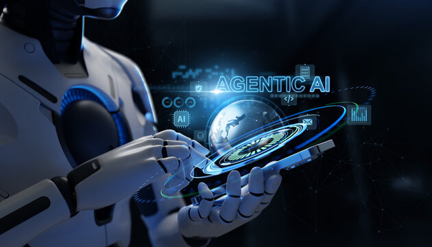 Hand of robot using smartphone with agentic AI interface and digital globe.