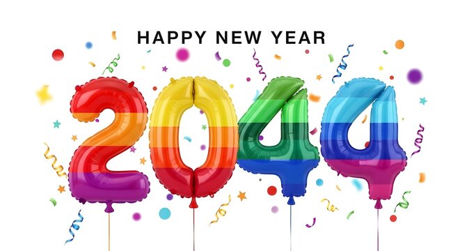 Rainbow colorful balloons in numbers for happy new year 2044 celebration party decoration transparent background
