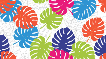 Fototapeta premium Vibrant seamless pattern with colorful monstera leaves in blue, green, orange, and pink on a white background with thin outlines.