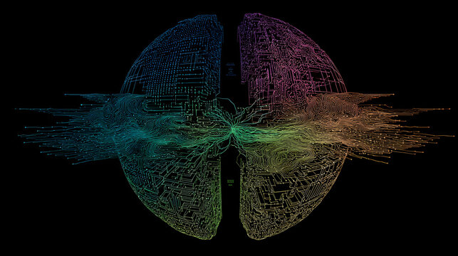 Vibrant rainbow colored brain hemisphere wireframe model on black background