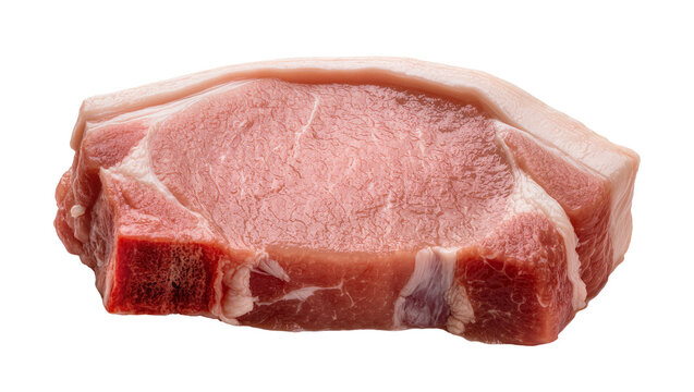 Raw pink pork chop with fat and bone detail