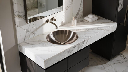 Fototapeta premium Luxury Bathroom Countertop with Stainless Steel Basin and White Marble