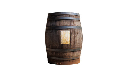 Fototapeta premium Rustic aged oak wine barrel with metal bands and plaque