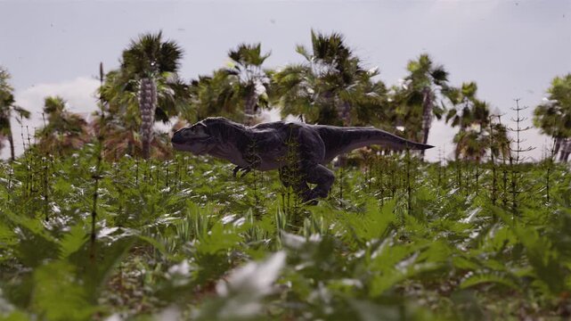 Realistic 3D CGI animation of a massive Tyrannosaurus Rex (T-Rex) walking with a full body side view from right to left through a dense and lush prehistoric jungle environment.