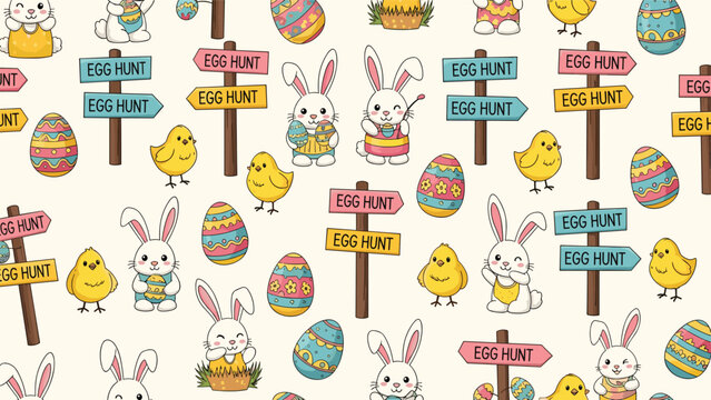 Fun and colorful Easter egg hunt seamless pattern with bunnies, chicks, decorated eggs, and wooden signposts on a cream background.