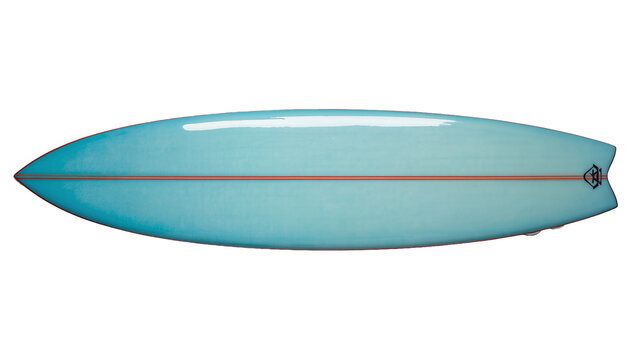 Sleek turquoise surfboard with red stripe and logo detail