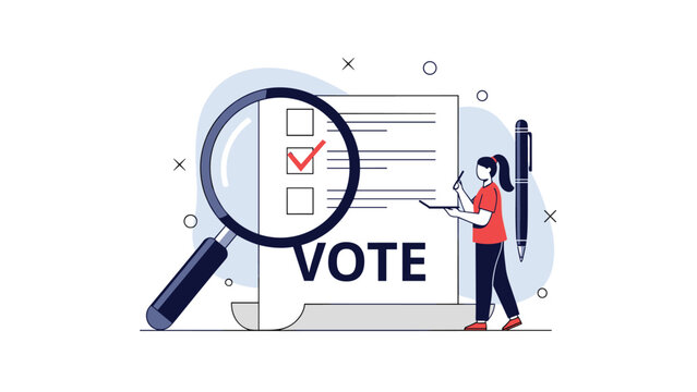 Woman marking a ballot paper while magnifying glass focuses on the choice during democratic election process.